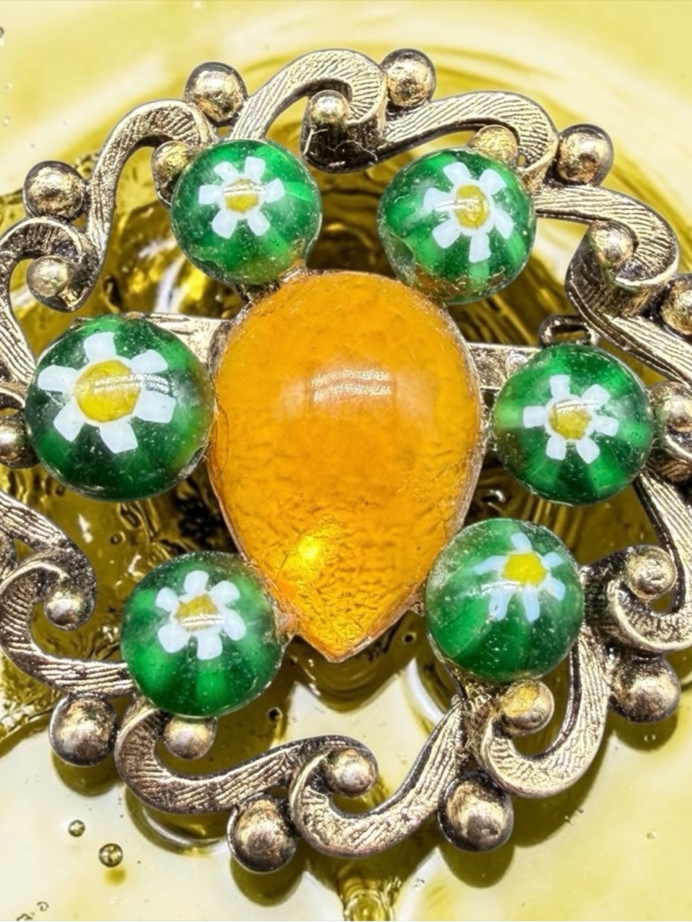 Vintage Brooch Millefiori Glass Daisy Beads Yellow Teardrop Rhinestone As Is